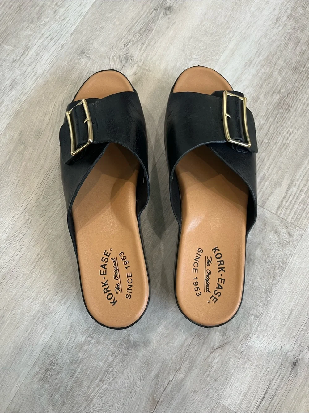 Kork-Ease York Black Leather Platform Slide Sandals 9 New NWOB Comfort Quiet Lux